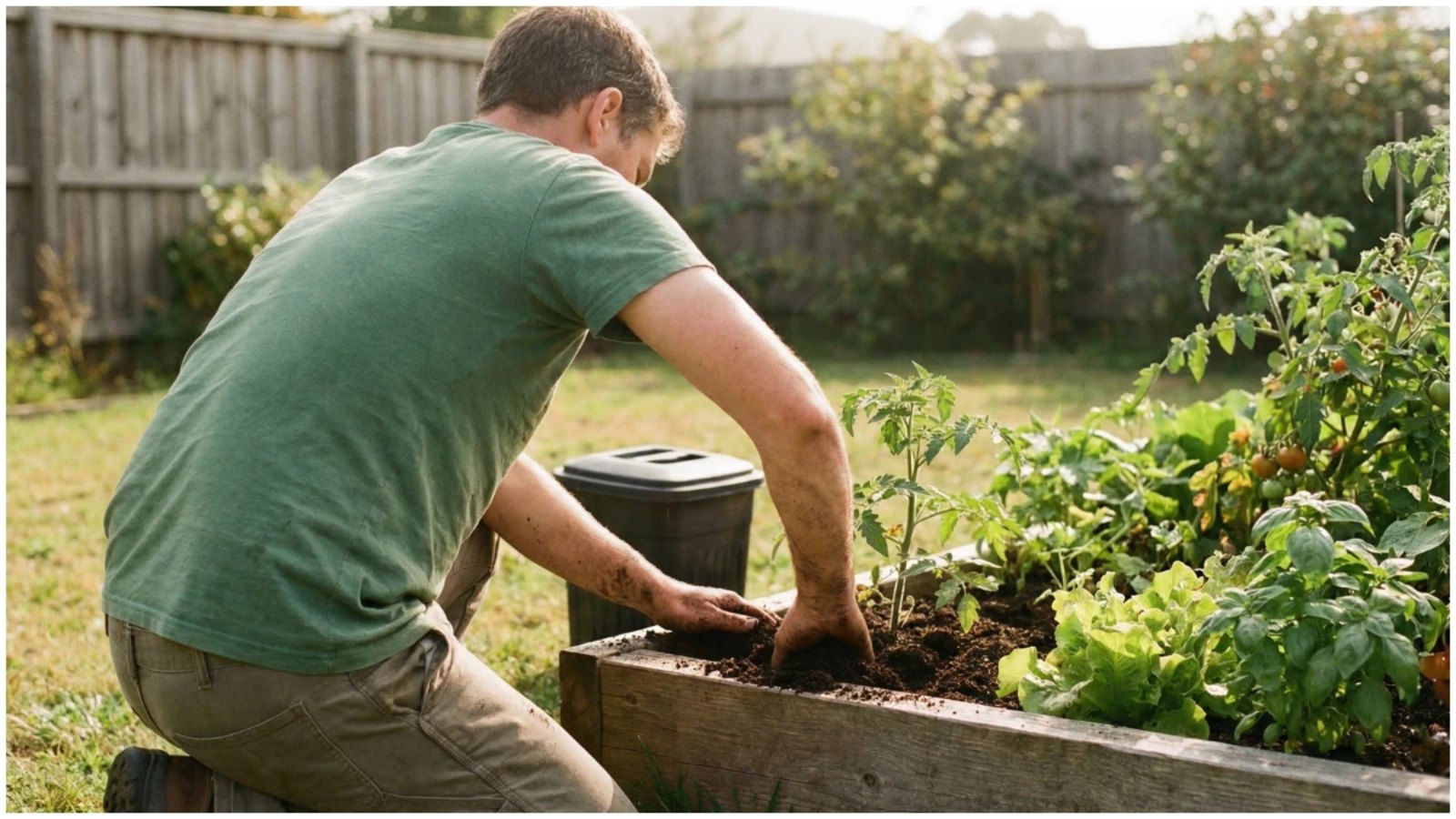 A man in a green t-shirt kneeling beside a raised wooden vegetable garden bed, pressing dark rich compost into the soil with both hands, with a dark compost bin visible on the lawn behind him and tomato plants growing in the bed.