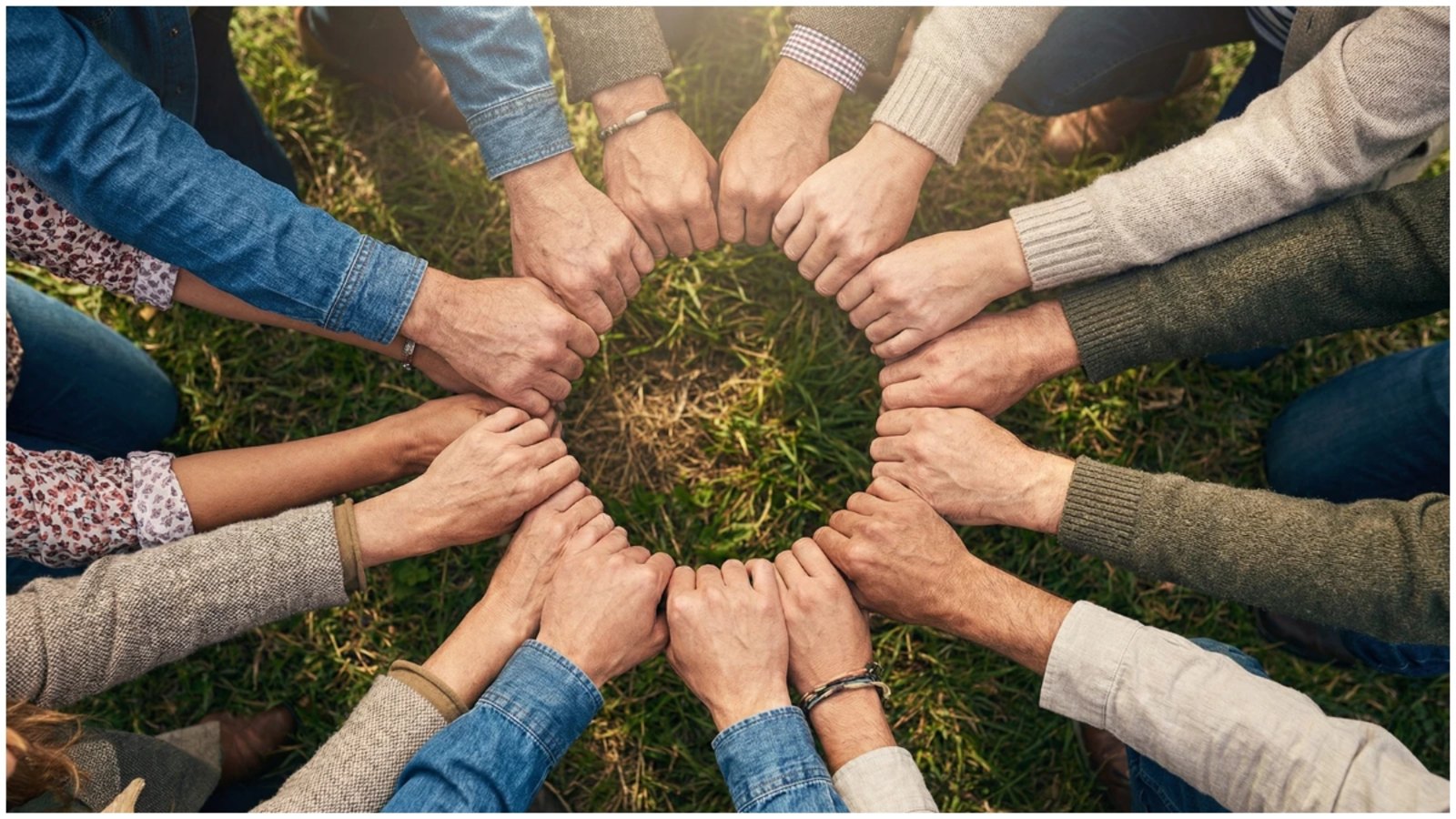 Circle of people standing outdoors with their fists touching in the center, forming a ring over grass to symbolize unity and mutual support in activism.