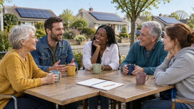 Neighbors talk around a café table, a reminder of why community involvement is essential for climate action.