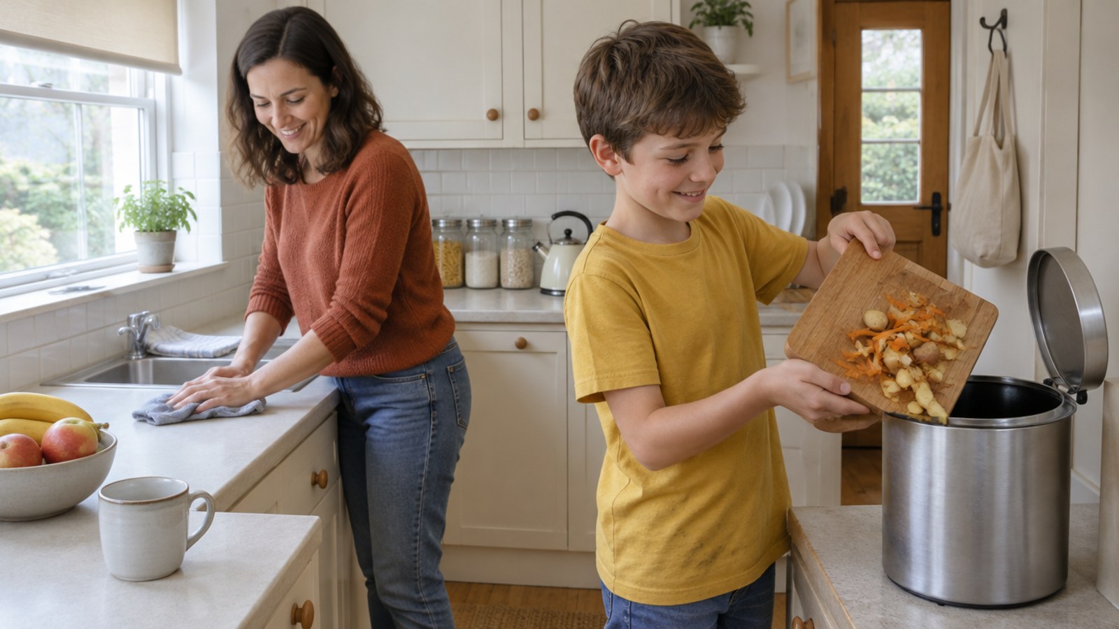 A woman and a boy add vegetable peelings to a countertop compost caddy, a simple step toward sustainable living at home.